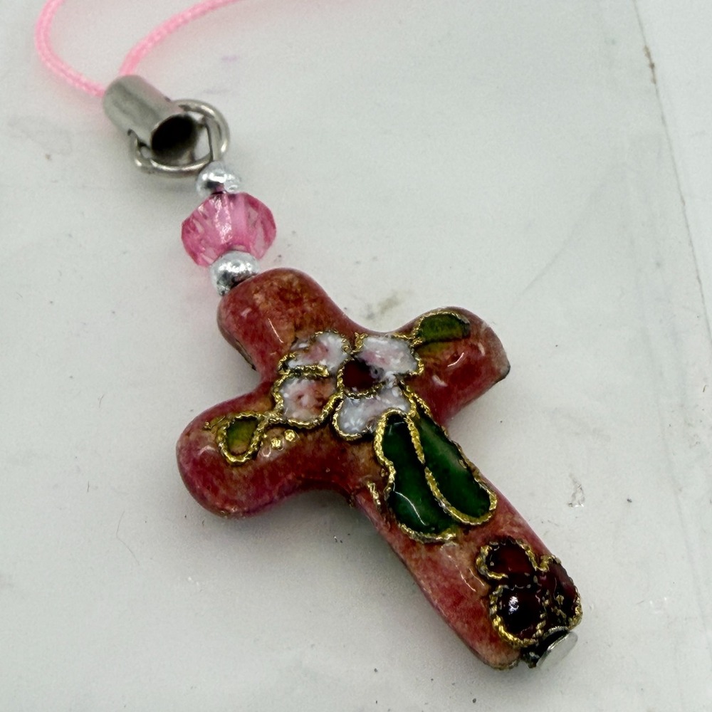 Jerusalem Pink Floral Enamel Cross Cell Phone Charm Strap Christian Jewelry Gift